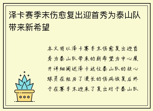 泽卡赛季末伤愈复出迎首秀为泰山队带来新希望